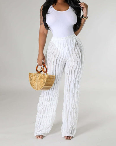 High Waist White Ruffled Mesh Pants