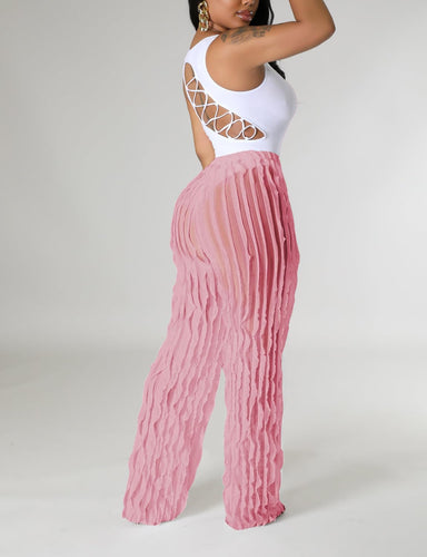 High Waist Pink Ruffled Mesh Pants