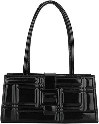 Fashion Show Black Shiny Metallic Embossed Top Handle Handbag