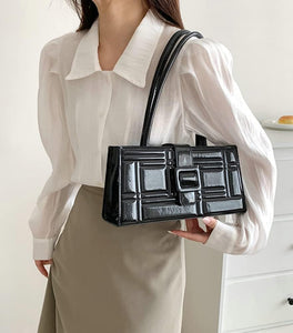 Fashion Show Black Shiny Metallic Embossed Top Handle Handbag