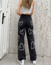 Load image into Gallery viewer, Heart Printed Black, White Blue High Waist Straight Leg Denim Jeans