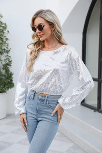 Black Two Tone Sequined Long Sleeve Crop Top Blouse