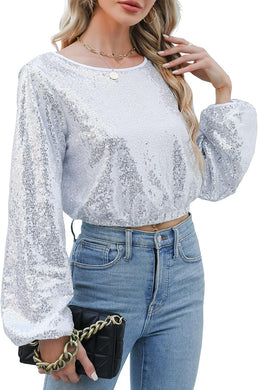 Silver Sequined Long Sleeve Crop Top Blouse