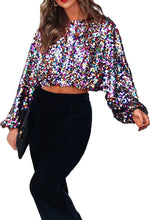 Load image into Gallery viewer, Black Multi Color Sequined Long Sleeve Crop Top Blouse