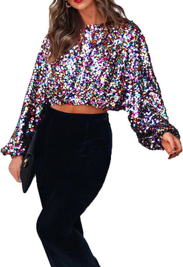 Black Multi Color Sequined Long Sleeve Crop Top Blouse