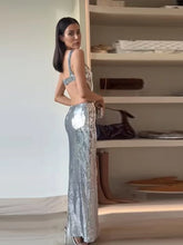 Load image into Gallery viewer, Socialite Silver Sequin Cut Out Sleeveless Maxi Dress