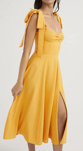 Pretty Yellow Tied Strap Sweetheart Sleeveless Midi Dress