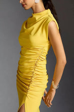 Load image into Gallery viewer, Hampton Yellow Mock Blue Ruched Sleeveless Maxi Dress