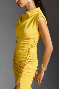 Hampton Yellow Mock Blue Ruched Sleeveless Maxi Dress