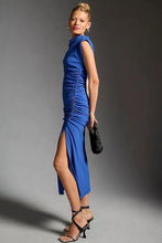 Load image into Gallery viewer, Hampton Blue Mock Blue Ruched Sleeveless Maxi Dress