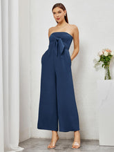 Load image into Gallery viewer, Strapless Navy Blue Bow Tie Wide Leg Jumpsuit