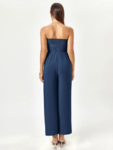 Load image into Gallery viewer, Strapless Navy Blue Bow Tie Wide Leg Jumpsuit