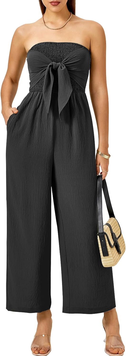 Strapless Black Bow Tie Wide Leg Jumpsuit