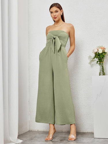 Strapless Sage Green Bow Tie Wide Leg Jumpsuit