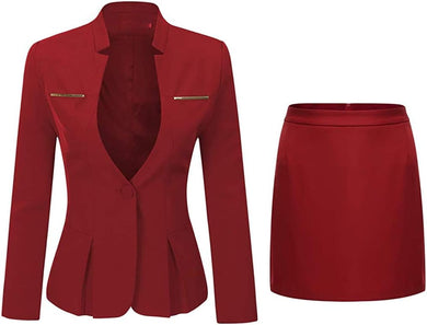 Polished Red Long Sleeve Business Blazer & Skirt Suit Set