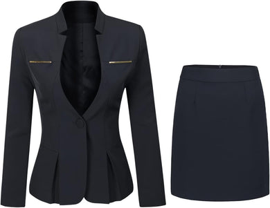 Polished Black Long Sleeve Business Blazer & Skirt Suit Set