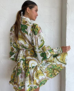 Victorian Style Olive/White Embroidered Print Long Sleeve Dress