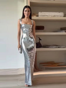 Socialite Silver Sequin Cut Out Sleeveless Maxi Dress