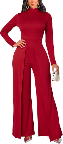 Red Smocked Long Sleeve Flare Leg Jumpsuit