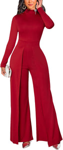 Red Smocked Long Sleeve Flare Leg Jumpsuit