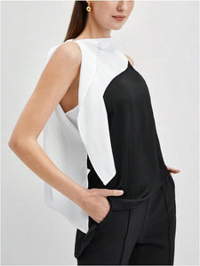 Asymmetrical Color Block Black & White Blouse