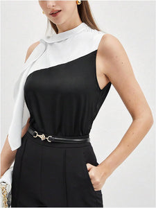 Asymmetrical Color Block Black & White Blouse