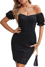 Load image into Gallery viewer, Beautifully Black Lace Puff Sleeve Sweetheart Cocktail Dress