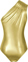 Load image into Gallery viewer, Metallic Turquoise One Shoulder Shiny Leotard Sleeveless Bodysuit