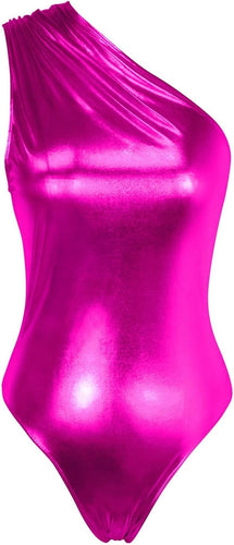 Metallic Fuschia Pink One Shoulder Shiny Leotard Sleeveless Bodysuit