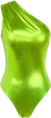 Metallic Lime Green One Shoulder Shiny Leotard Sleeveless Bodysuit
