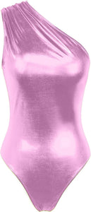 Metallic Fuschia Pink One Shoulder Shiny Leotard Sleeveless Bodysuit