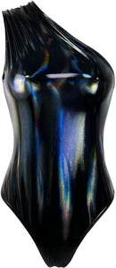 Metallic Turquoise One Shoulder Shiny Leotard Sleeveless Bodysuit