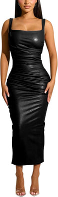 Black Sleeveless Faux Leather Bodycon Midi Dress