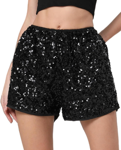 Glitter Black Sequin High Waist Shorts w/Pockets