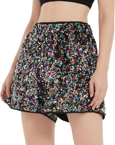 Glitter Black Rainbow Sequin High Waist Shorts w/Pockets