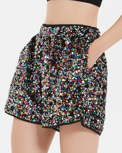 Glitter Black Rainbow Sequin High Waist Shorts w/Pockets