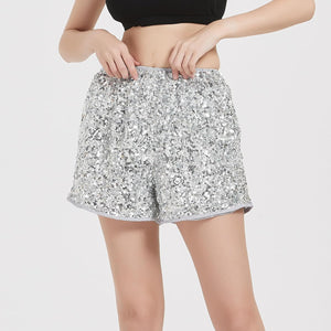 Glitter Silver Sequin High Waist Shorts w/Pockets