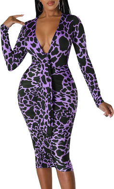 Plus Size Purple Leopard Printed Long Sleeve Bodycon Midi Dress
