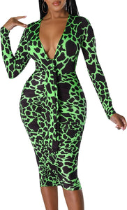 Plus Size Green Leopard Printed Long Sleeve Bodycon Midi Dress