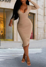 Load image into Gallery viewer, Ruched Nude Deep V Long Sleeve Midi Dress