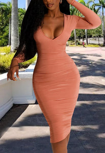 Ruched Nude Deep V Long Sleeve Midi Dress