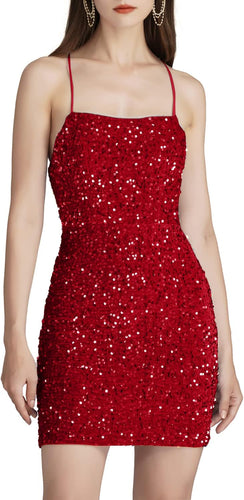 Red Velvet Sequin Lace Up Backless Party Dress