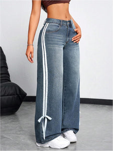 Trendy Blue Side Striped Denim Wide Leg Pants