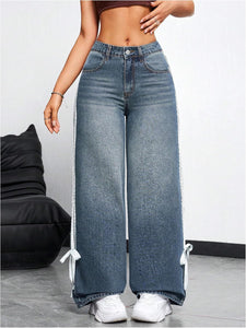 Trendy Blue Side Striped Denim Wide Leg Pants