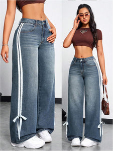 Trendy Blue Side Striped Denim Wide Leg Pants