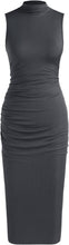 Load image into Gallery viewer, Ruched Mock Neck Grey Sleeveless Midi Dress