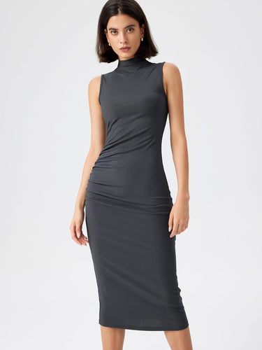 Ruched Mock Neck Grey Sleeveless Midi Dress