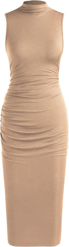 Ruched Mock Neck Khaki Sleeveless Midi Dress