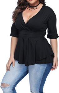 Plus Size Black V Neck Peplum Wrap Kimono Blouse