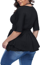 Load image into Gallery viewer, Plus Size Black V Neck Peplum Wrap Kimono Blouse